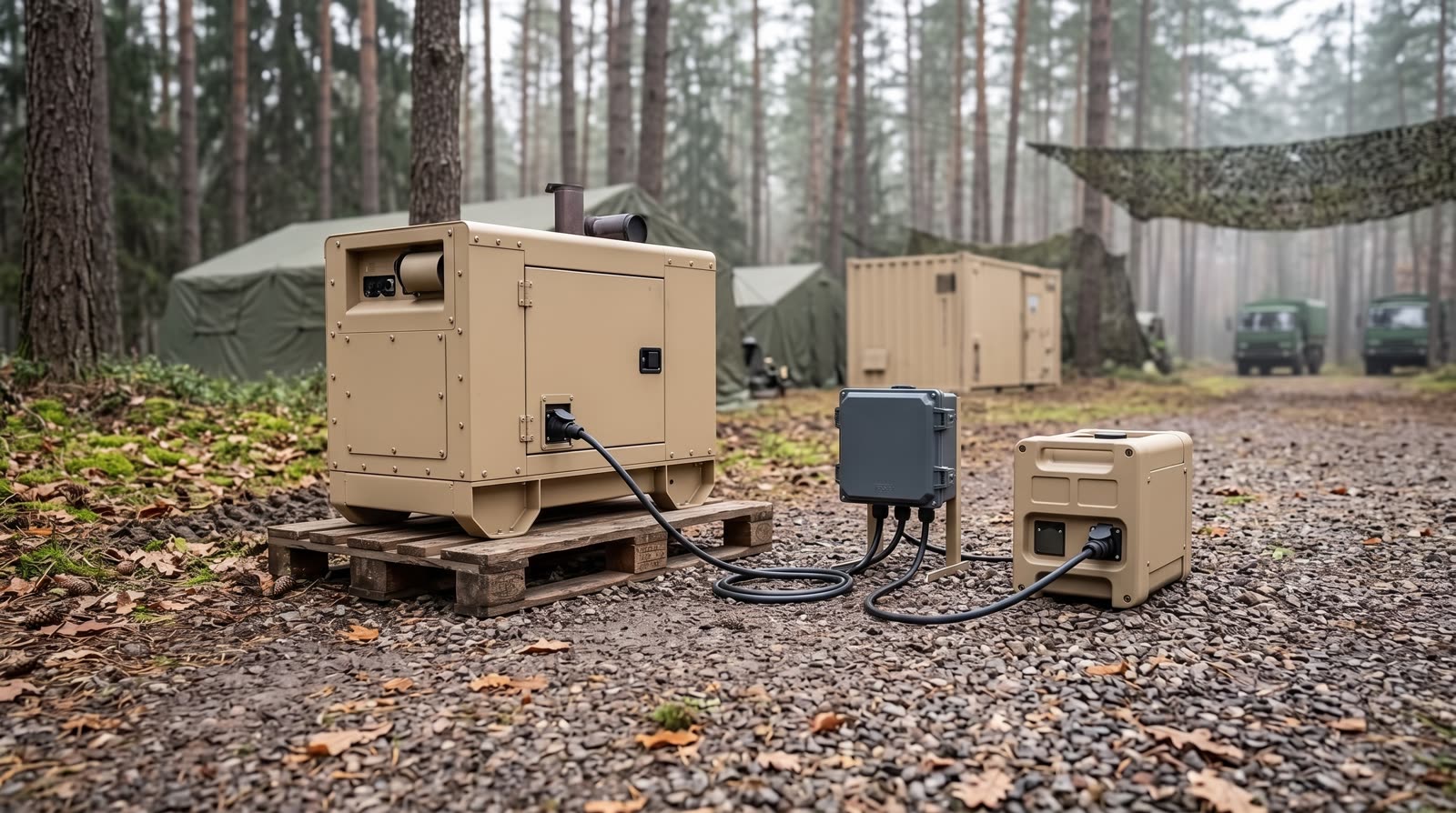 Stromversorgung in einem Bereitstellungsraum: Dieselaggregat und Brennstoffzelle an einem Verteilerkasten