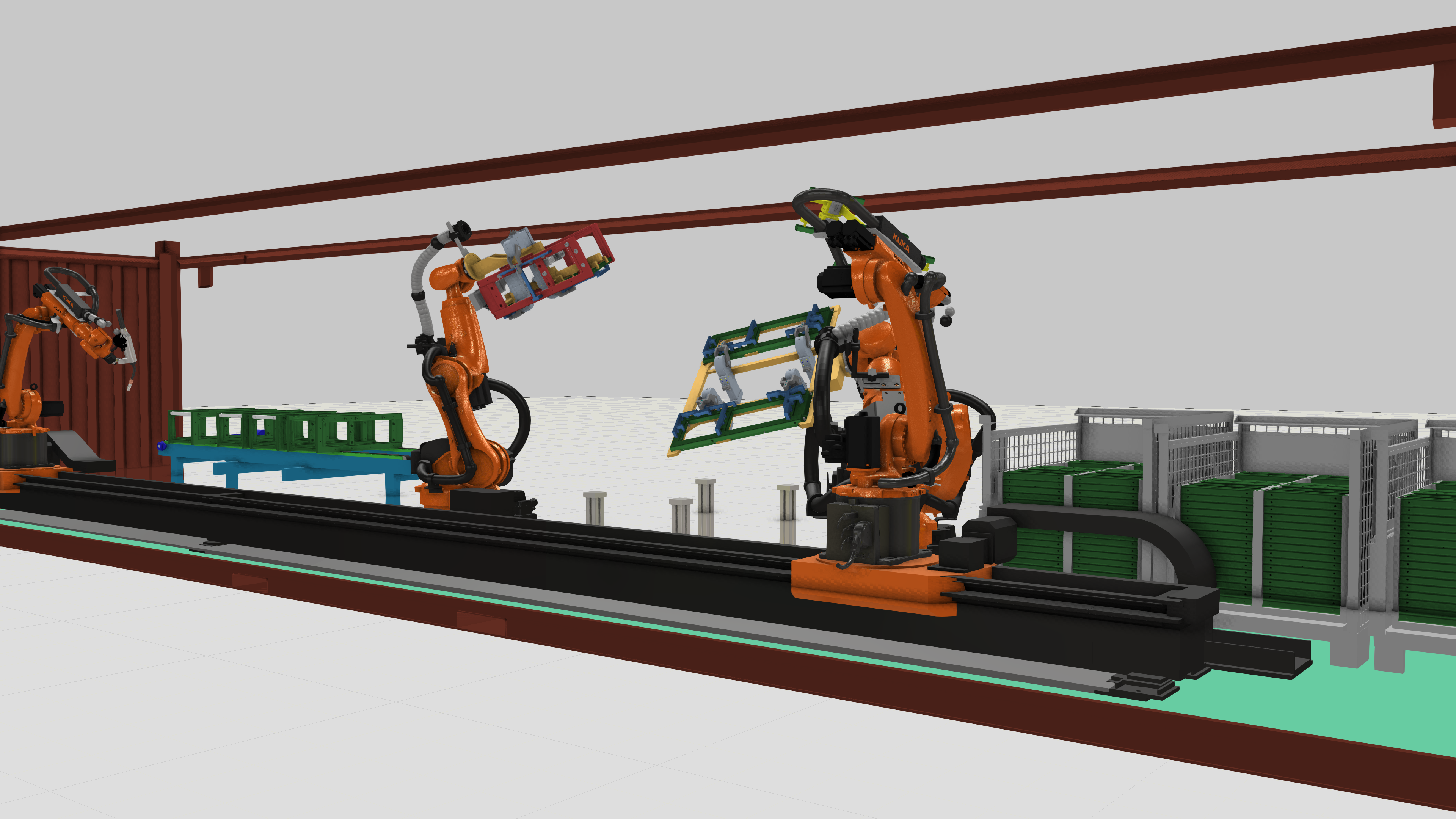 DMX Container — Innenansicht mit KUKA-Robotern auf Linearachse
