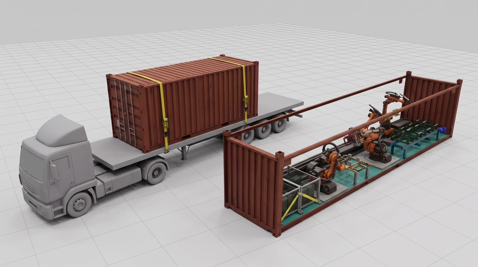 Fertigungscontainer verzurrt auf einem Sattelauflieger, daneben ein ge&ouml;ffneter Container mit gesicherter Fertigungslinie