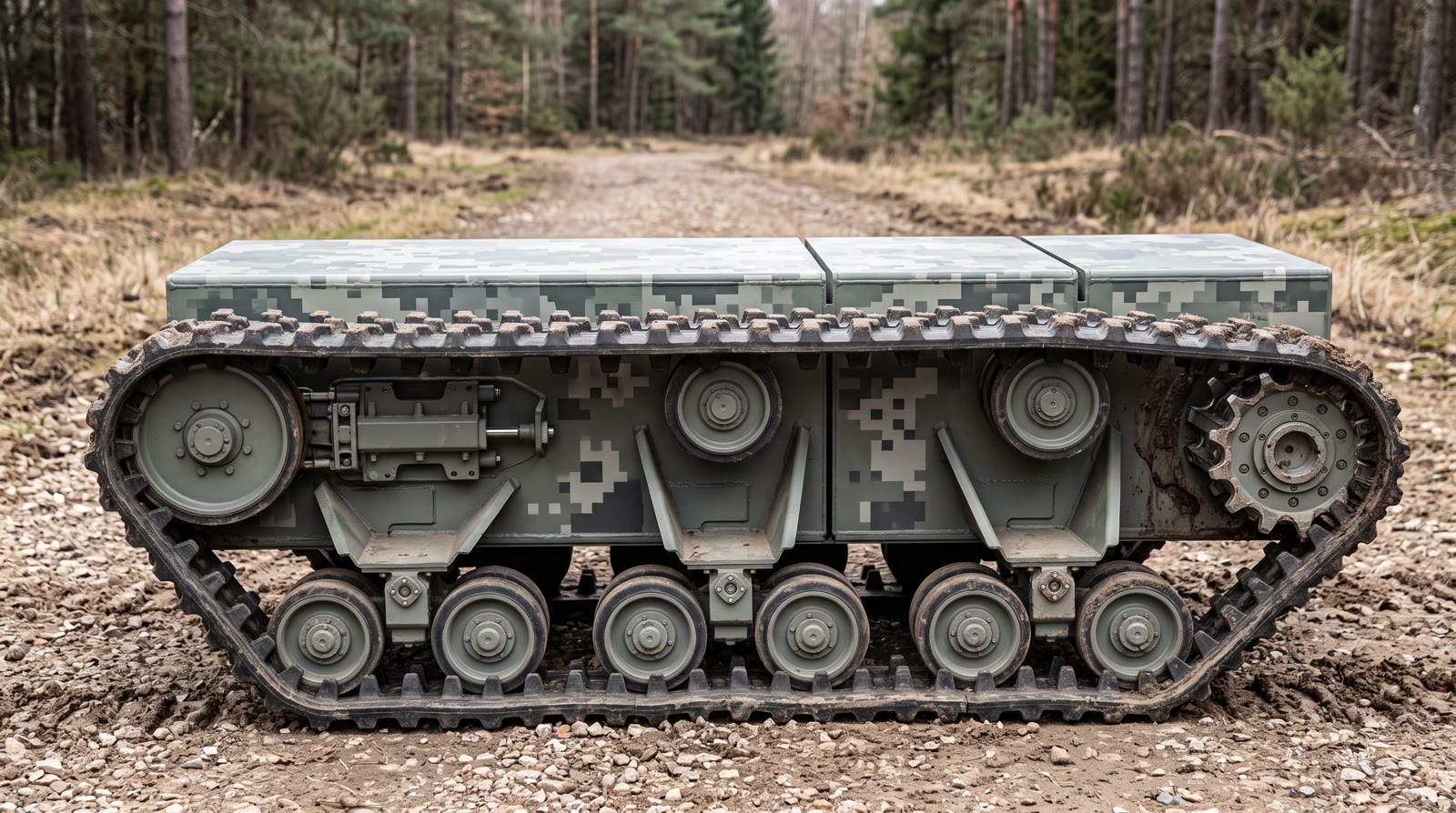 ODIN.1200 — Kettenfahrgestell der schweren Klasse auf einem Waldweg: drei Doppelwippen je Seite, gro&szlig;e Laufrollen, Gummikette mit grobem Stollenprofil