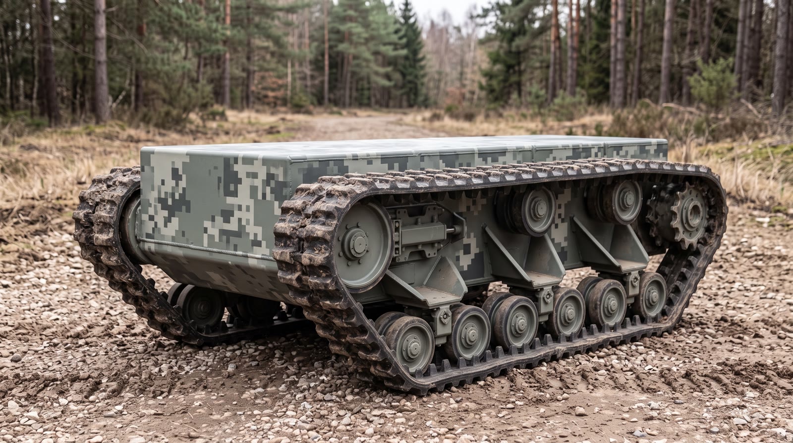 ODIN.2400 — dieselbe Plattform wie die .1200, schräg von vorn auf einem Forstweg, Gummikette mit grobem Stollenprofil